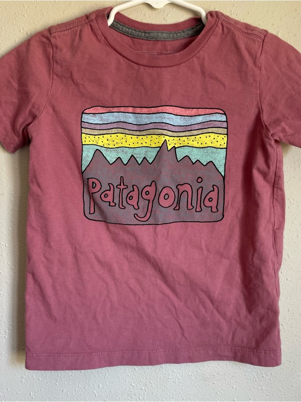 Patagonia Kids Short Sleeve Tee in Rose with Multicolor Mountain Graphic